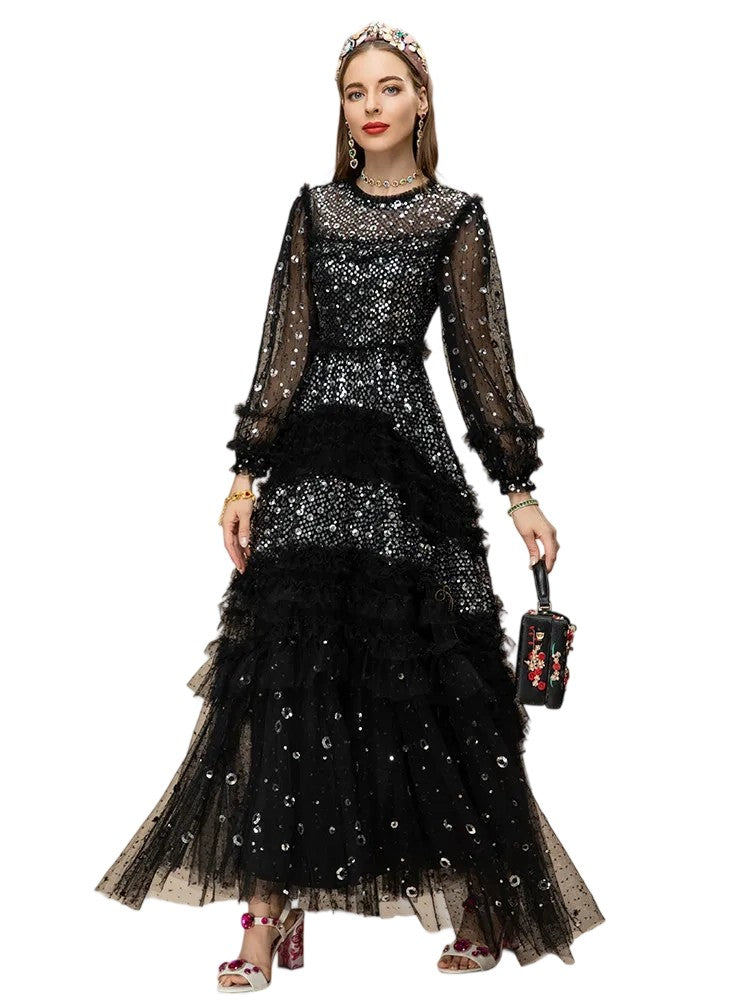 Luxe Metallic Layered Ruffle Lace Bodycon  Designer Slim Evening Dress