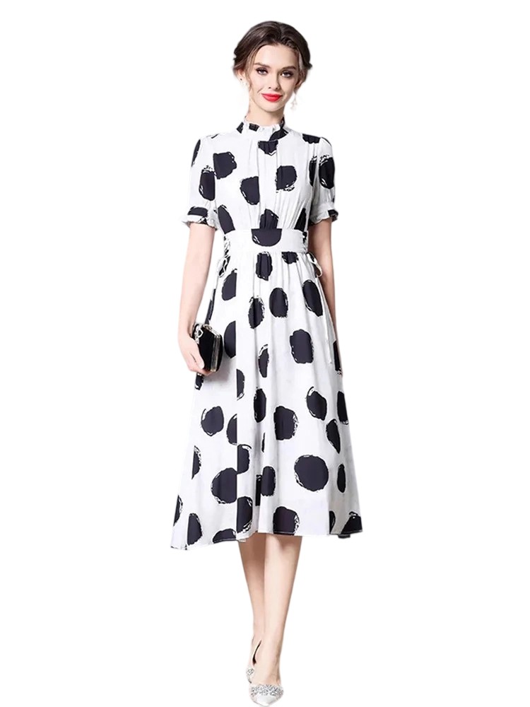 French Style Design Gentle Elegant Style French Polka Dot Swing Dress