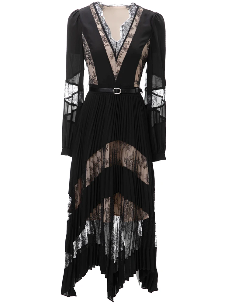 Black Lace Slim Fit Party Dress with Flesh Lining