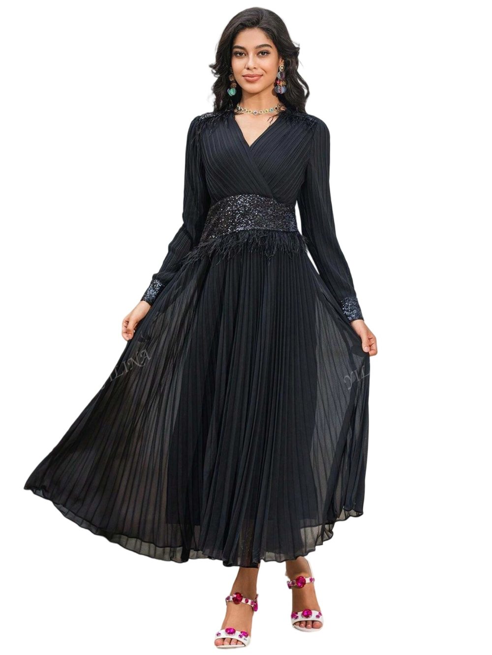 Long Black Black V-Neck Feather Sequins Prom Chiffon Dress - Image 3