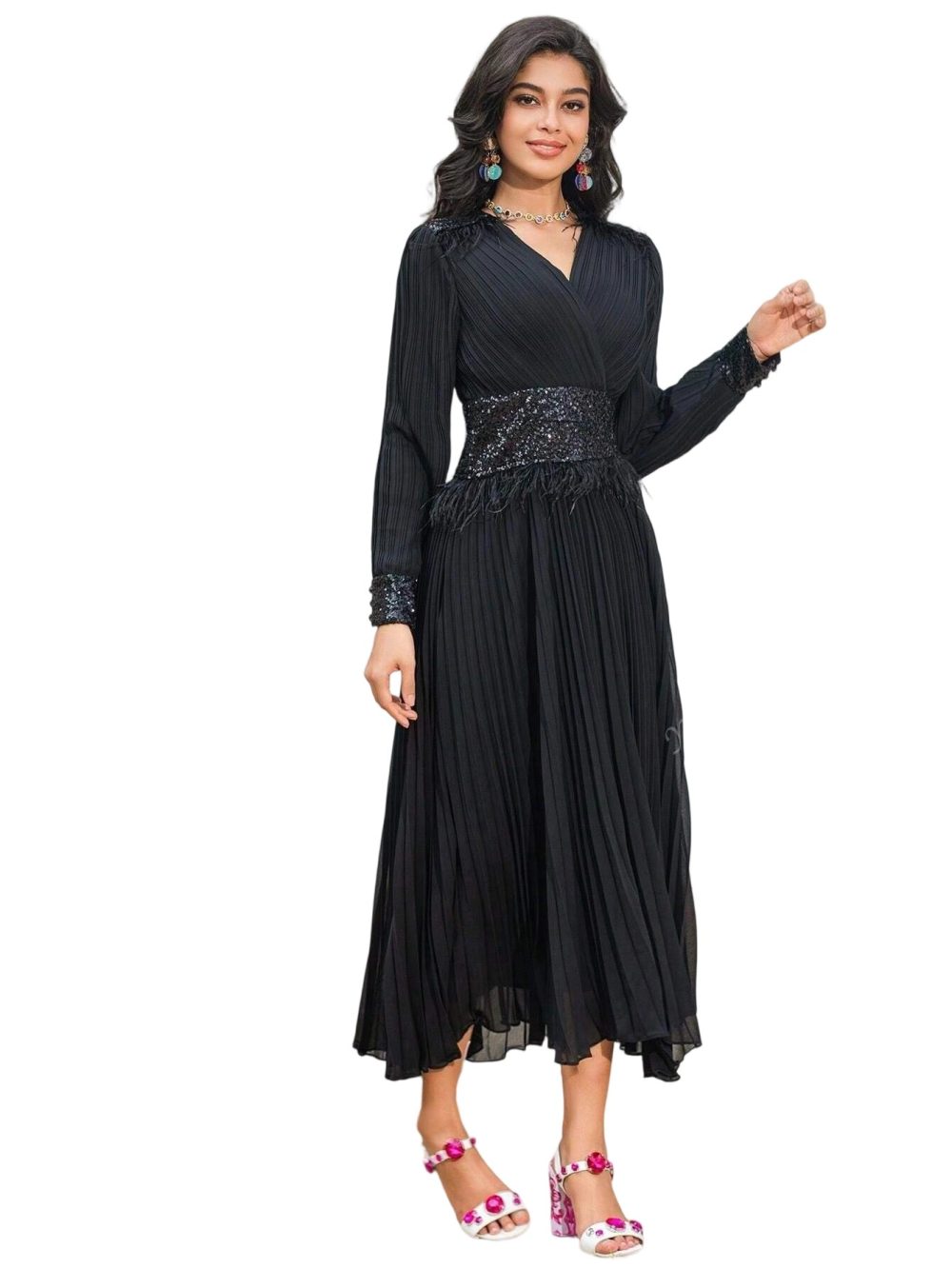 Long Black Black V-Neck Feather Sequins Prom Chiffon Dress - Image 4