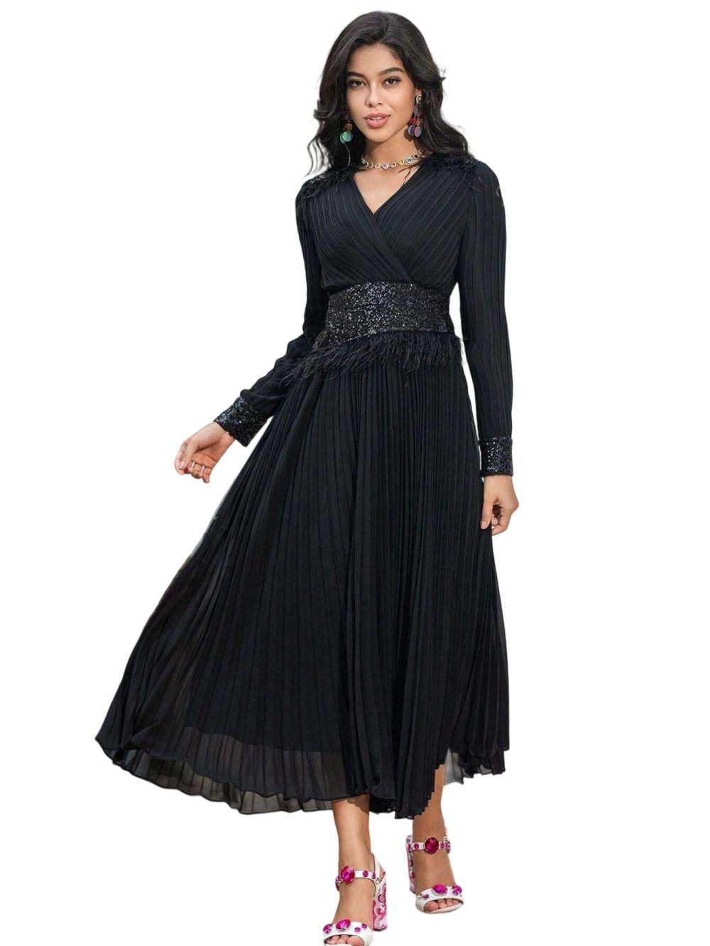 Long Black Black V-Neck Feather Sequins Prom Chiffon Dress - Image 5