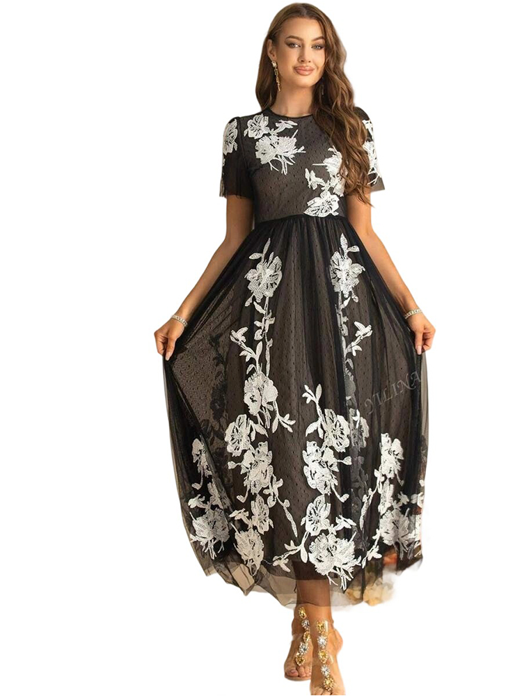 Women’s Round Neck Mesh Embroidery Princess Long Dress