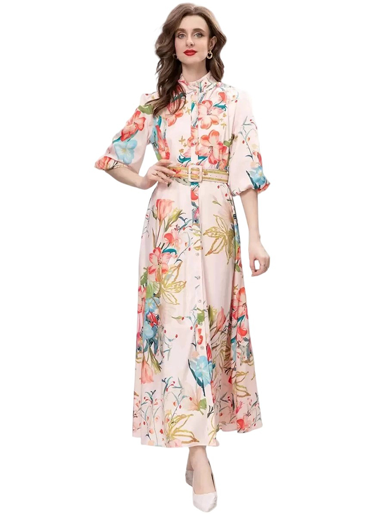 Printed Stand collar lantern sleeve dress