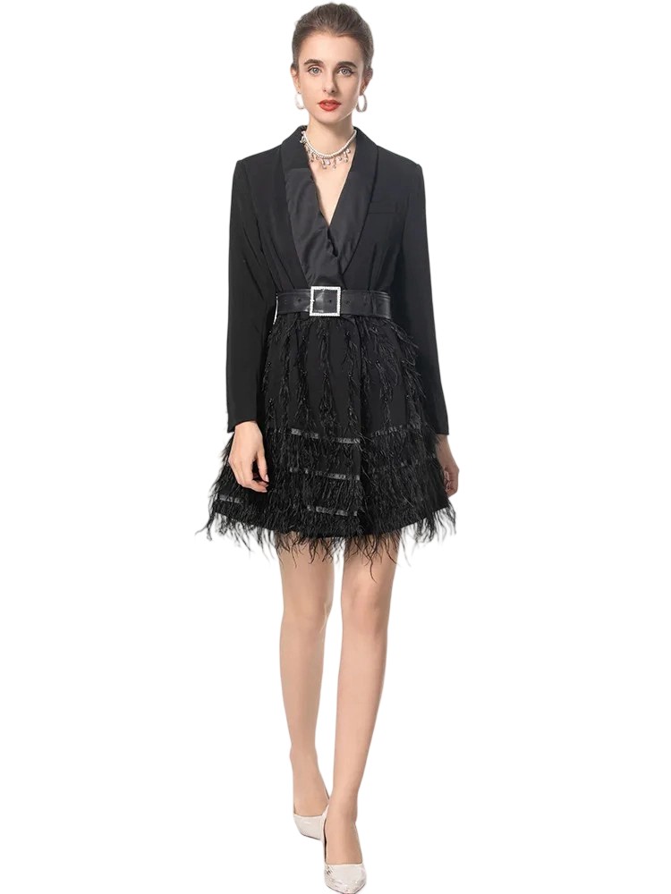 A feather-trimmed street chic slim overcoat