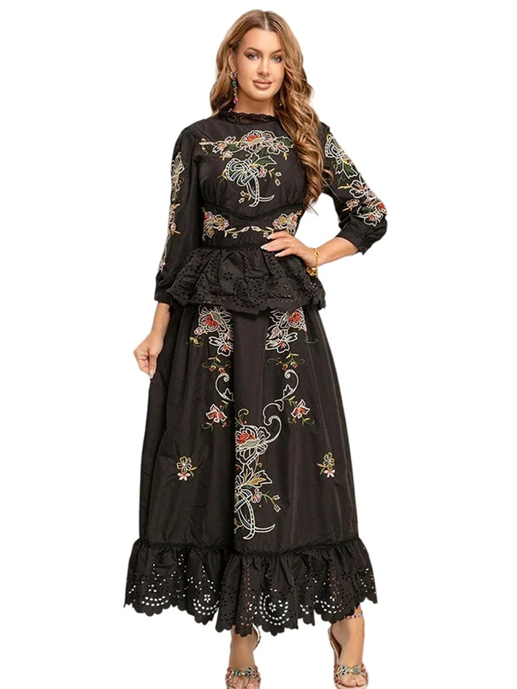Heavily embroidered floral patchwork lace waist ruffle dress