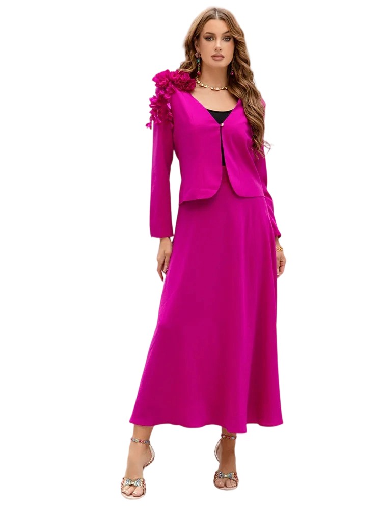A lavender floral blouse and swish skirt set