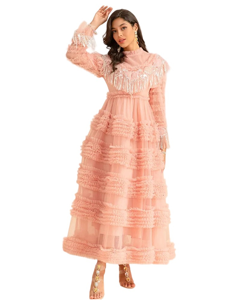 French Beaded Dress with Lantern Sleeves Pleated Waist