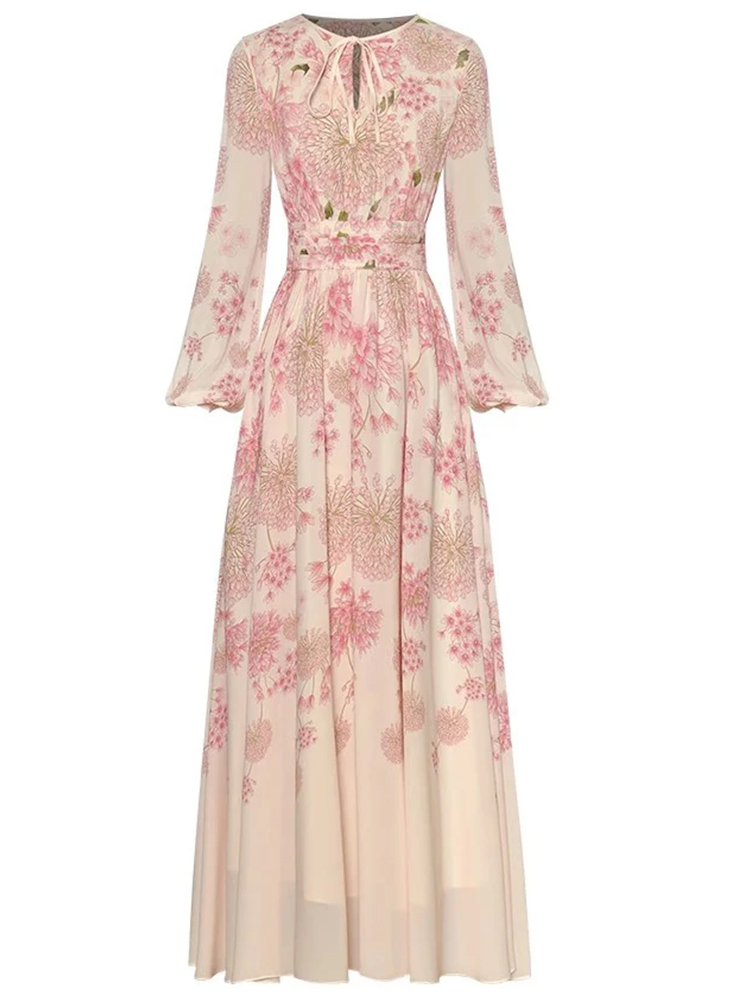 Autumn and winter long-sleeved high-waisted printed dress