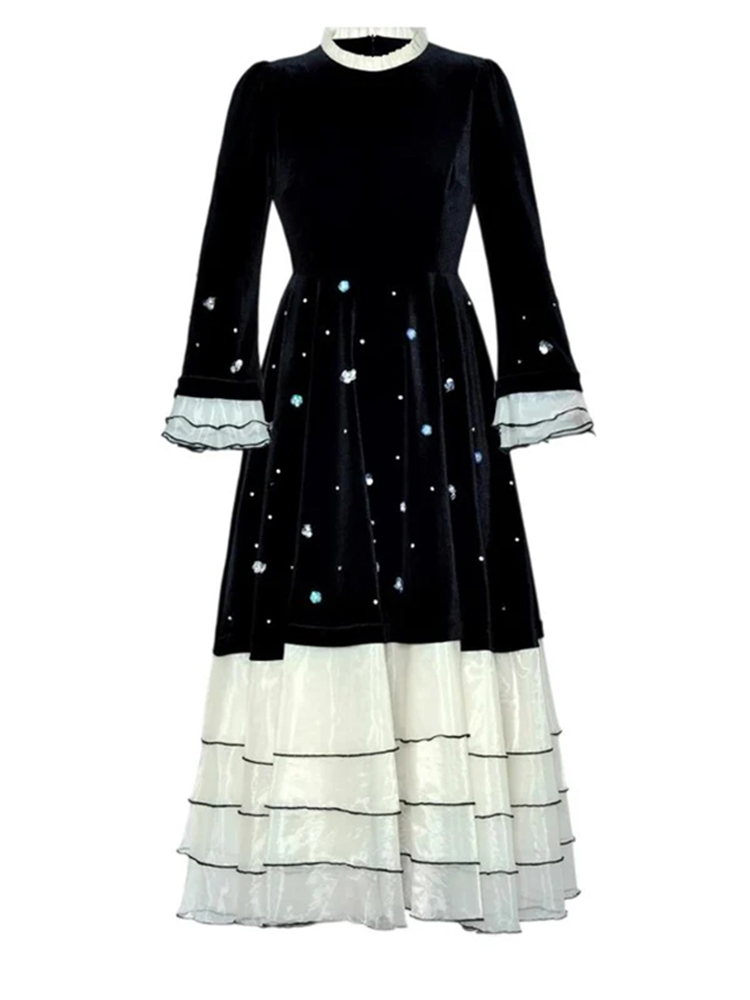 A-line dress white stand collar trumpet sleeve  sequin dress