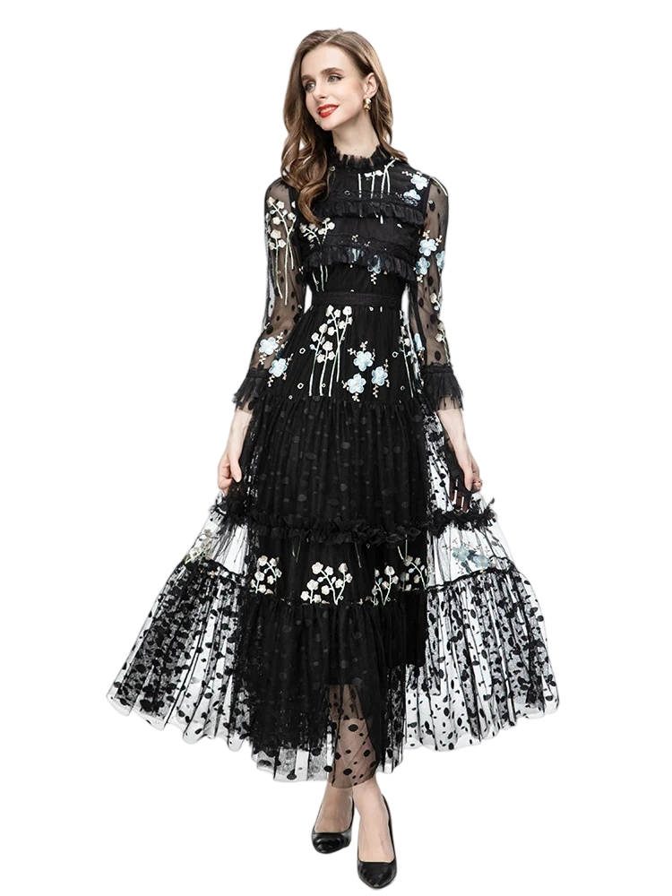 Black round neck layered ruffled printed patchwork lace dress