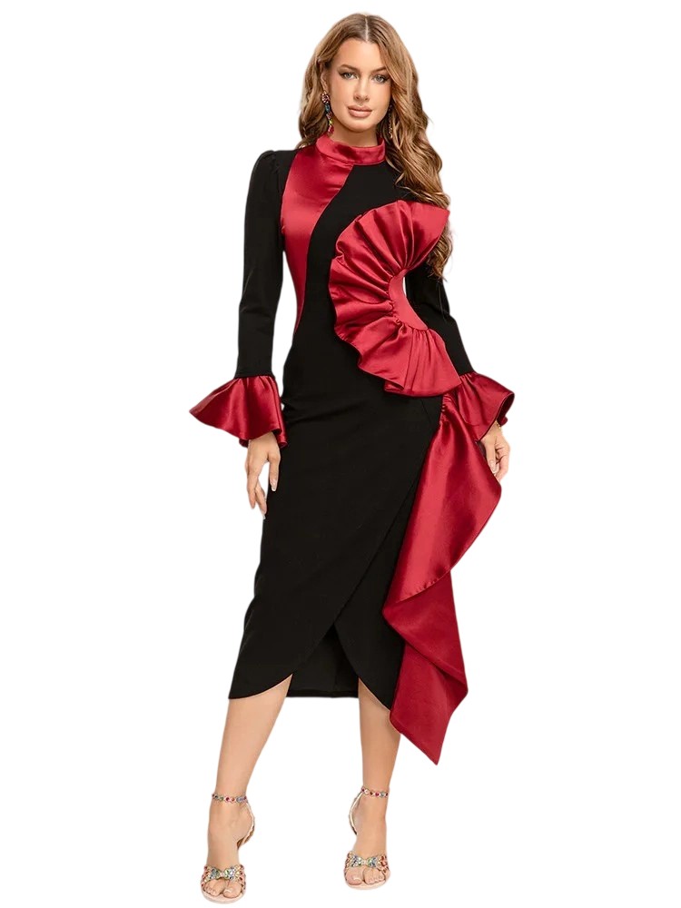 Designer Patchwork Dress: Ruffle Trim & High Slit