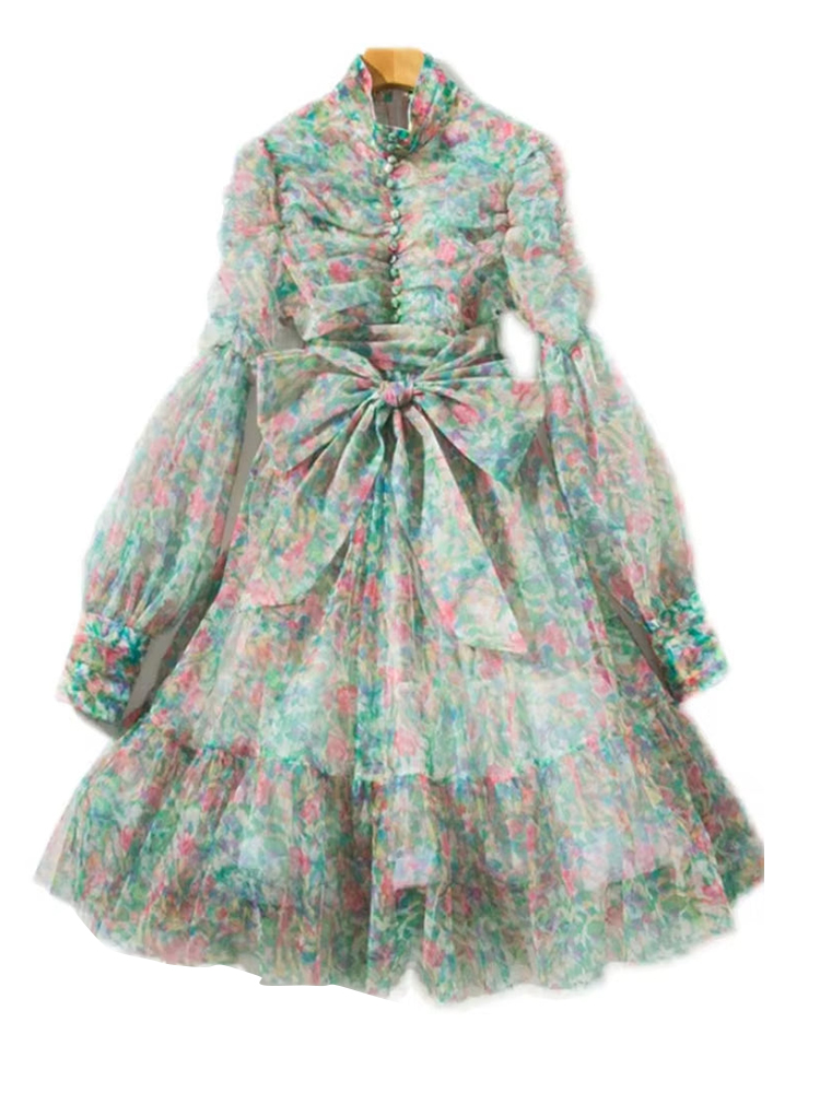 Lantern Sleeve Floral Print Vintage Mesh Dress