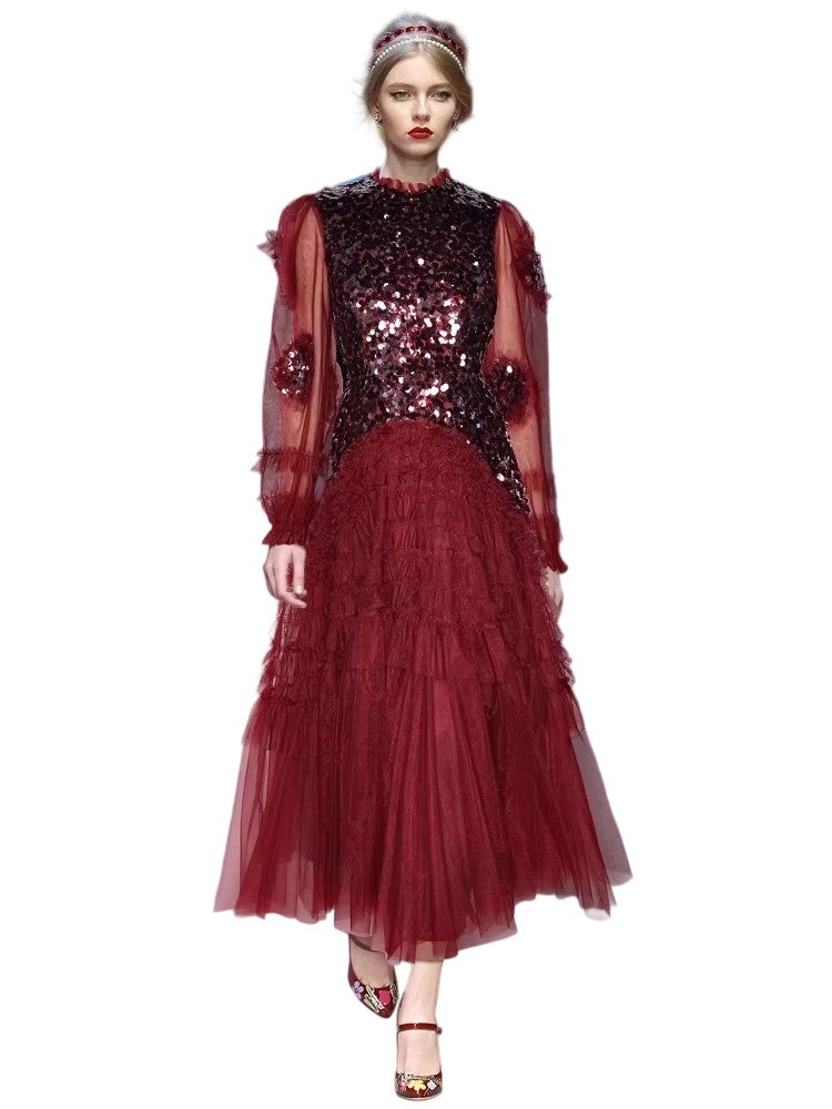 Spring Fashion Long-sleeved sequined ruffle dress