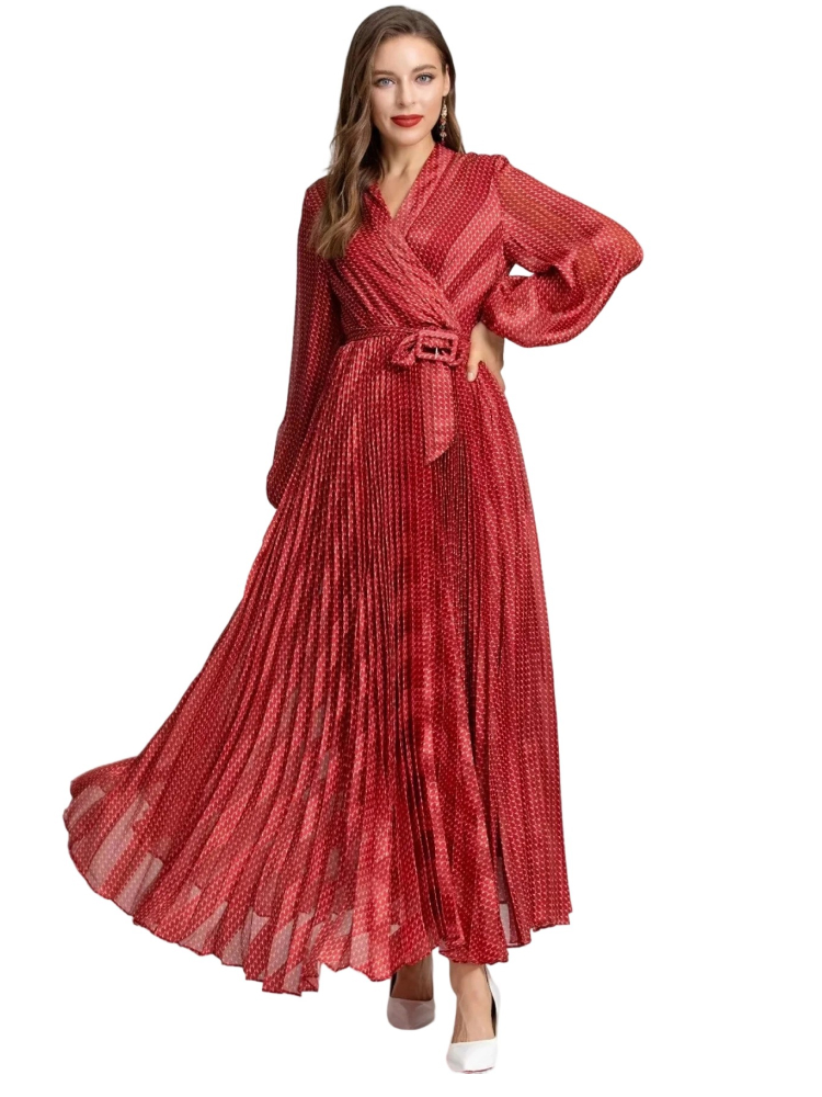 V-neck long-sleeved high-waist pleated maxi dress