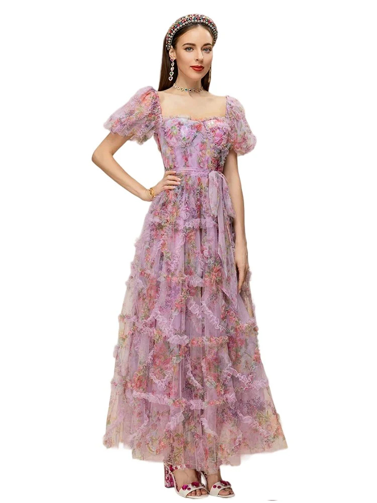 Women's Square Neck Belt Printed Layered Ruffle Dress